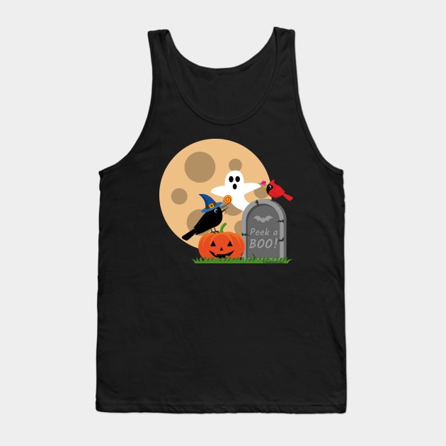 Halloween: Cute Crow and Cardinal Scared by a Ghost - PEEK-A-BOO Tank Top by BirdAtWork